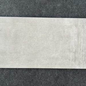 Foto einer einzelnen Bodenfliese in hellem Grau mit Struktur, die ihr einen gebrauchten, rissigen Look verleiht. im Format 30cm x 60cm.