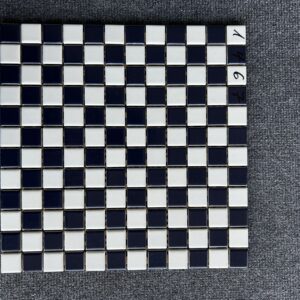 Foto einer einzelnen, quadratischen Mosaik-Fliese. Die Felder der Mosaik-Fliese sind abwechselnd in einem creme blauen und weißen Farbton gehalten.