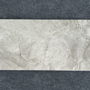 Foto einer einzelnen Bodenfliese Feinsteinzeug im Format 30 cm x 60 cm. Die Fliese ist in einem grauen Farbton mit verschiedenen Variationen gehalten, die für eine Steinoptik sorgen.