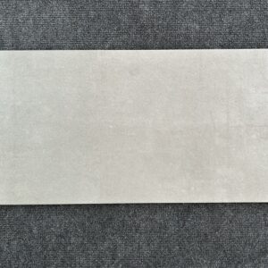 Foto einer einzelnen Bodenfliese Feinsteinzeug im Format 30 cm mal 60 cm. Der Farbton der Fliese ist mittelgrau.