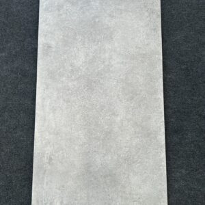 Foto einer einzelnen Bodenfliese Feinsteinzeug im Format 60 cm mal 120 cm. Sie ist in einem grauen Farbton gehalten und erinnert mit ihrer Struktur an natürlichen Stein.